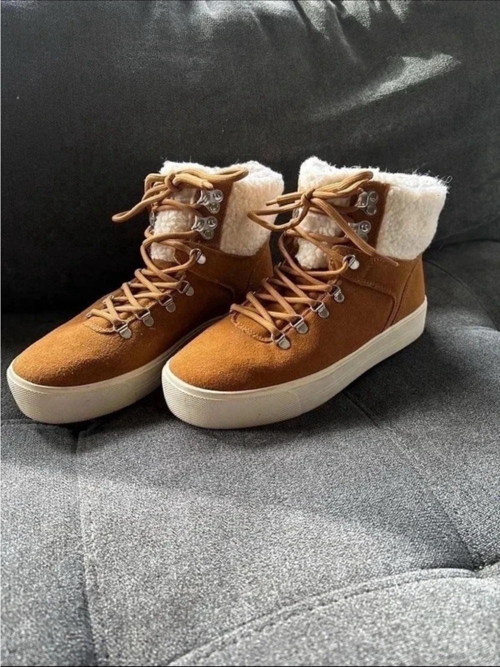 Marc Fisher Tan Suede Lace-Up Ankle Boots with Cream Faux-Shearling Collar